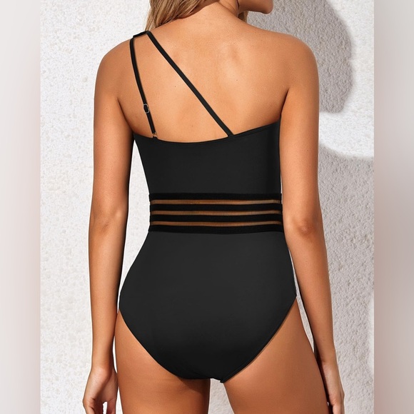 Chic Black XS One Shoulder Mesh Waist One Piece Swimsuit for Women - Picture 4 of 5